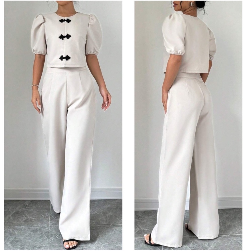 Classic Solid Puff Sleeve Crop Top Wide Leg Pants Set XS S M L XL XXL - Picture 2 of 2